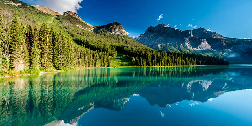 Skogen speiler seg i Emerald Lake