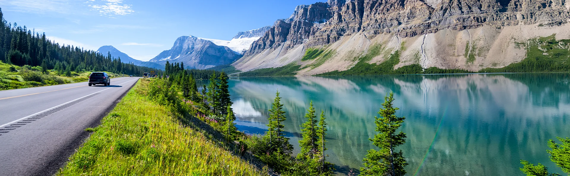 Bow Lake ved Icefields Parkway, Banff, Rocky Mountains, Alberta, Canada